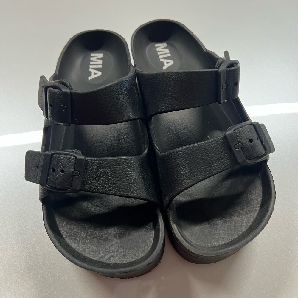 MIA Black Buckle Strap Platform Slides